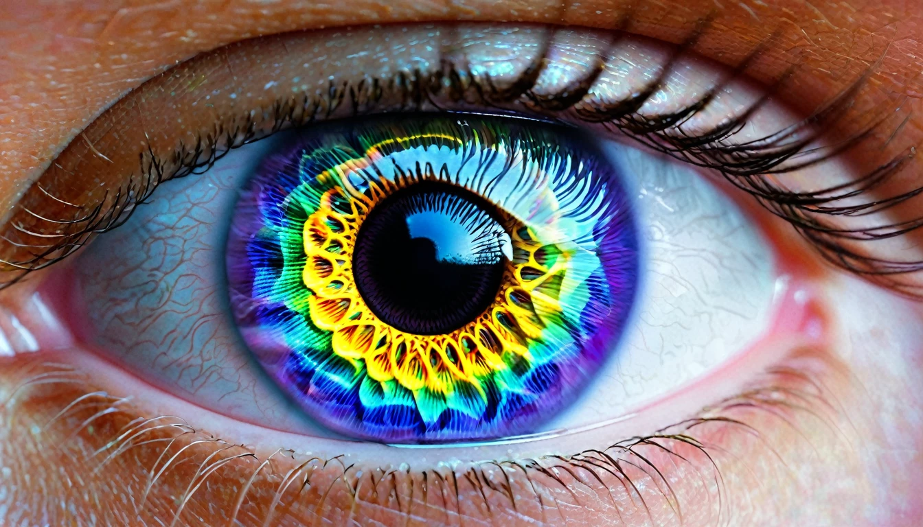 a close up of a colorful eye with a rainbow colored iris, eyes are rainbow spirals, psychedelic surreal art, eyes are colorful spirals, psychedelic digital art, illusion psychedelic art, colorful eyes, psychedelic art, rainbow eyes, colorful digital art, colourful digital art, psychedelic vibrant colors, colorful and psychedelic, trippy vibrant colors, colorful art, psychedelic colors