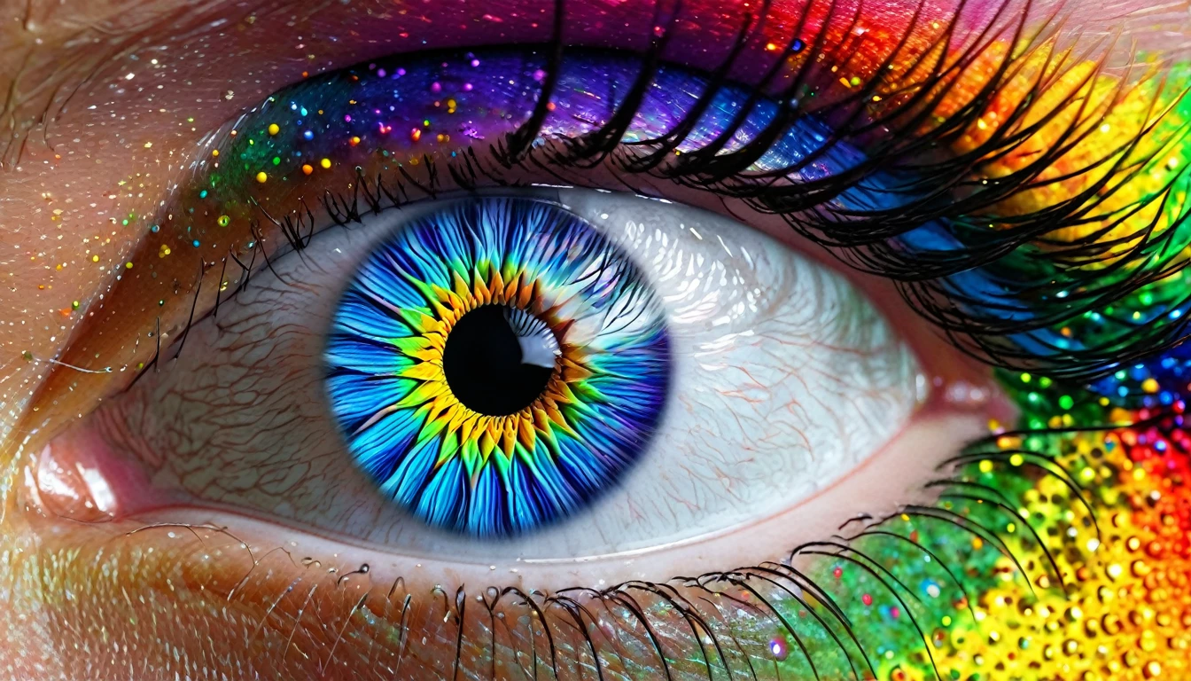 a close up of a colorful eye with a rainbow colored iris, eyes are rainbow spirals, psychedelic surreal art, eyes are colorful spirals, psychedelic digital art, illusion psychedelic art, colorful eyes, psychedelic art, rainbow eyes, colorful digital art, colourful digital art, psychedelic vibrant colors, colorful and psychedelic, trippy vibrant colors, colorful art, psychedelic colors