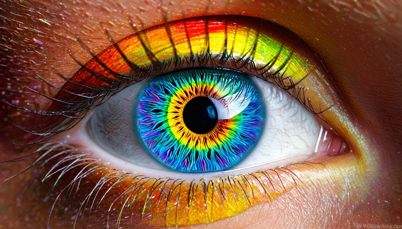 a close up of a colorful eye with a rainbow colored iris, eyes are rainbow spirals, psychedelic surreal art, eyes are colorful spirals, psychedelic digital art, illusion psychedelic art, colorful eyes, psychedelic art, rainbow eyes, colorful digital art, colourful digital art, psychedelic vibrant colors, colorful and psychedelic, trippy vibrant colors, colorful art, psychedelic colors