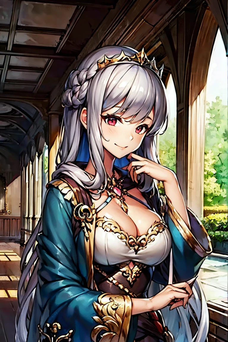 (masterpiece, best quality:1.2), 1girl, solo, tiara, silver hair, red eyes,