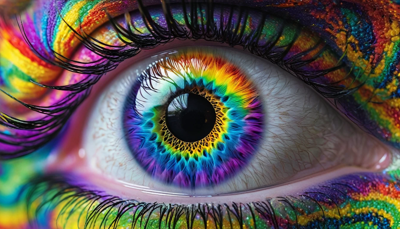 a close up of a colorful eye with a rainbow colored iris, eyes are rainbow spirals, psychedelic surreal art, eyes are colorful spirals, psychedelic digital art, illusion psychedelic art, colorful eyes, psychedelic art, rainbow eyes, colorful digital art, colourful digital art, psychedelic vibrant colors, colorful and psychedelic, trippy vibrant colors, colorful art, psychedelic colors