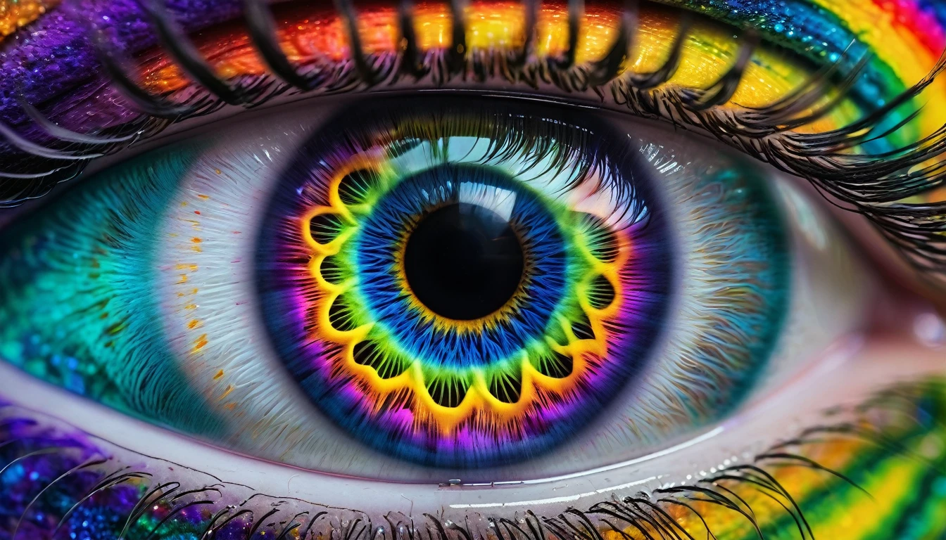a close up of a colorful eye with a rainbow colored iris, eyes are rainbow spirals, psychedelic surreal art, eyes are colorful spirals, psychedelic digital art, illusion psychedelic art, colorful eyes, psychedelic art, rainbow eyes, colorful digital art, colourful digital art, psychedelic vibrant colors, colorful and psychedelic, trippy vibrant colors, colorful art, psychedelic colors