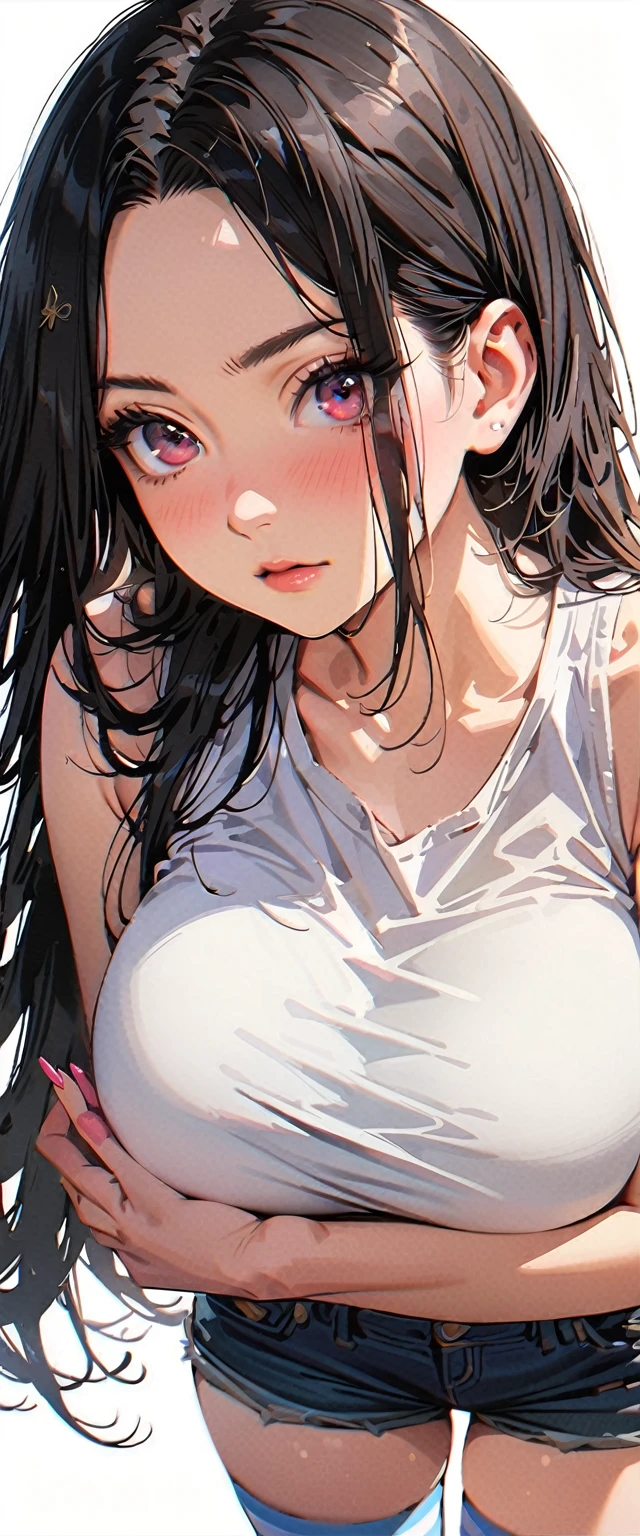 20 years old,1 mature woman,hyperrealistic, 8k, (extremely detailed 8k), (very delicate and beautiful), (masterpiece), (better quality:1.0), (ultra high resolution:1.0), (masterpiece, best quality),cute,black hair,cowboy shot,white background,realistic skin,Crop Top, Denim Shorts, Striped Knee Socks,breast hold,big breasts,nose blush,pink nail,forehead,leaning forward