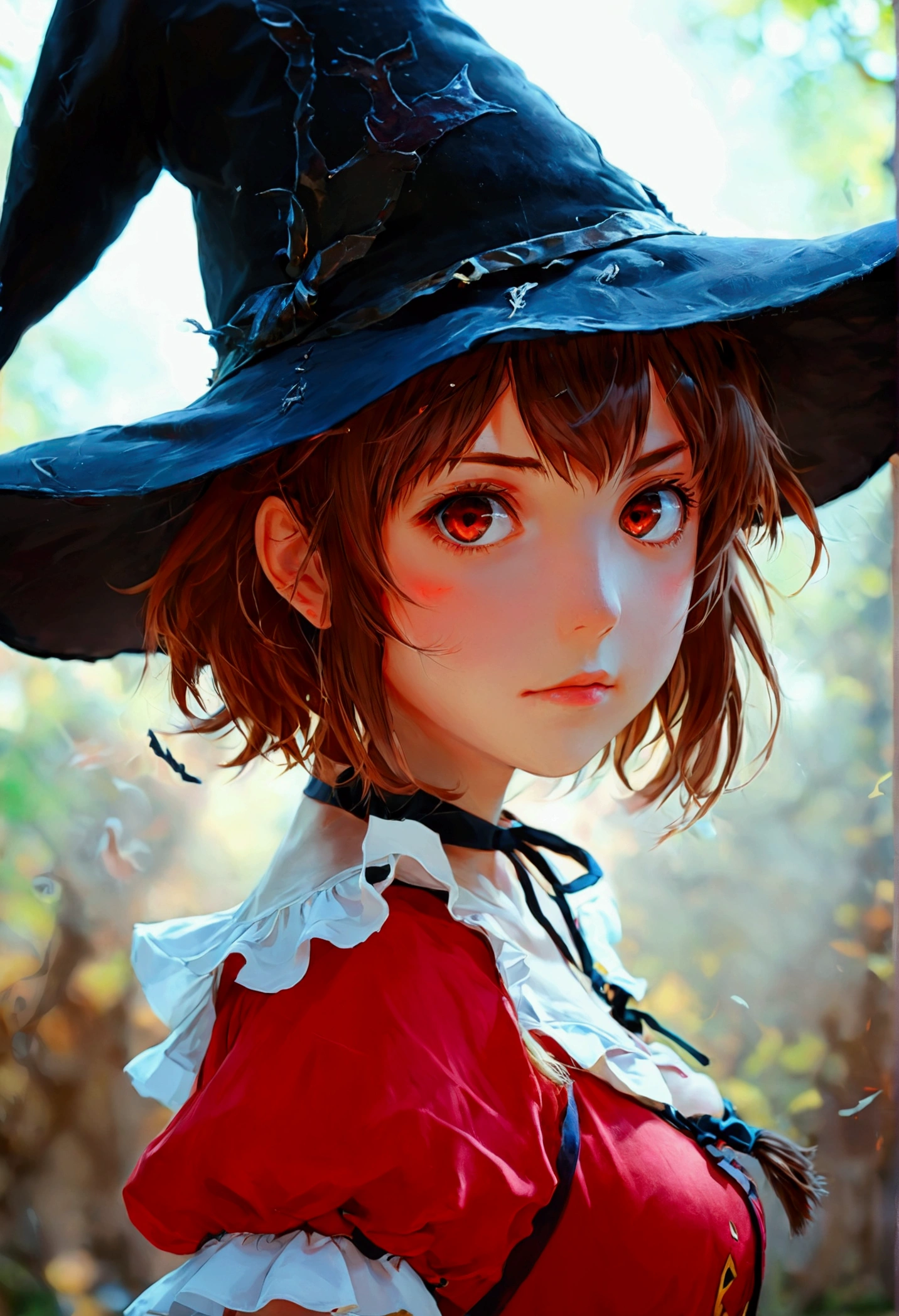 Megumin, Konosuba, small girl, Red dress, short brown hair, Red eyes, witch hat, anime style, whole body
