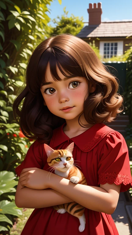 Realistic portrait of a seven year old  , She wears a red dress . Your face is exploratory . He cautiously goes out into the garden of the house,  A small cat is among the bushes and he touches it cautiously ,Not facing the camera,, The hair is messy , 