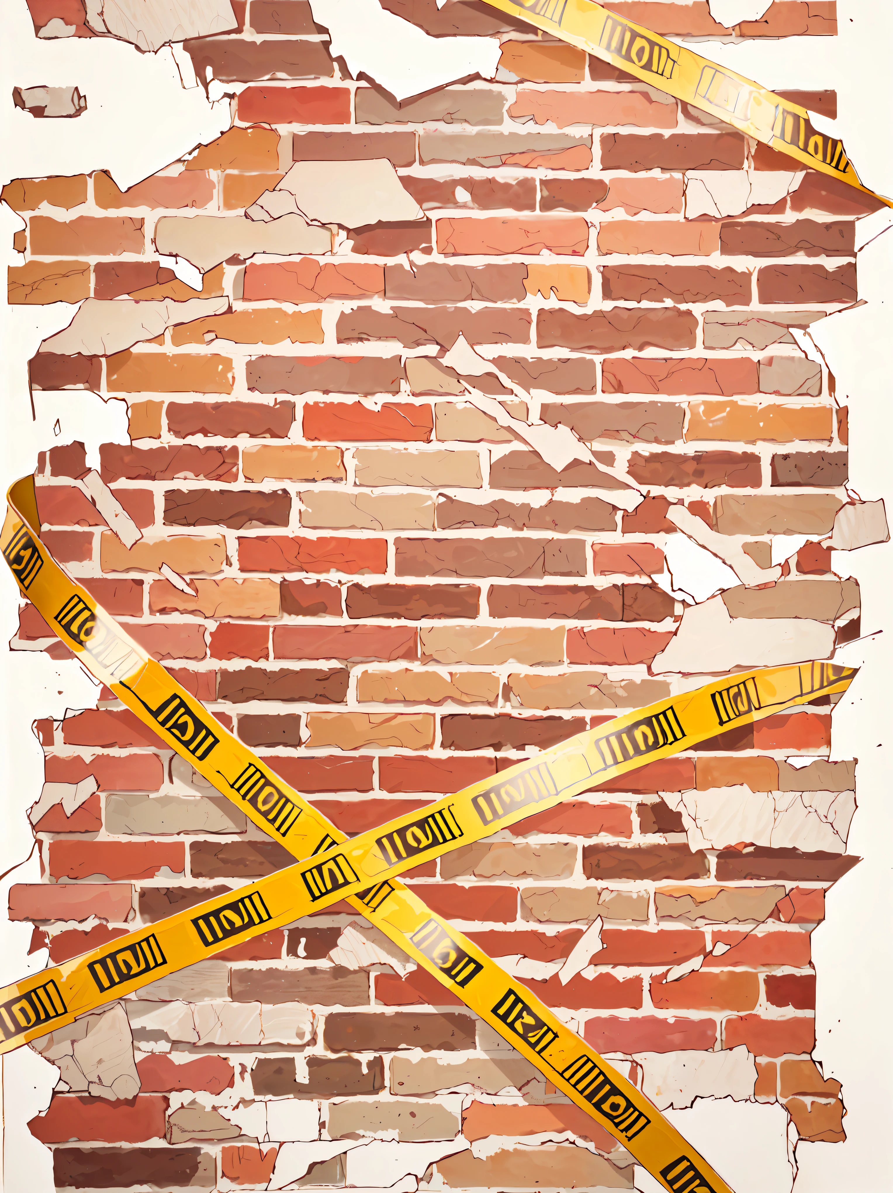 yellow tape is taped around a brick wall with a sign, , Crumbling brick, brick wall, brick walls, brick wall background, brick, cracked brick wall, painted on a brick wall, brick debris, Graffiti _ background ( smokes ), cracked brick background, Danger, bricks, background artwork, brick wall texture, red bricks, firewall, artwork,Anime style,Detective Conan painting style