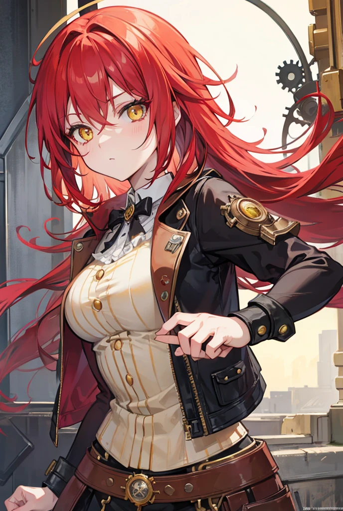 Young girl with light copper hair, Dark green eyes, sly facial expression, sexy girl, dressed in simple black clothes, long hair, cute face, Big hips, belt art , black small horns on the head, witch 