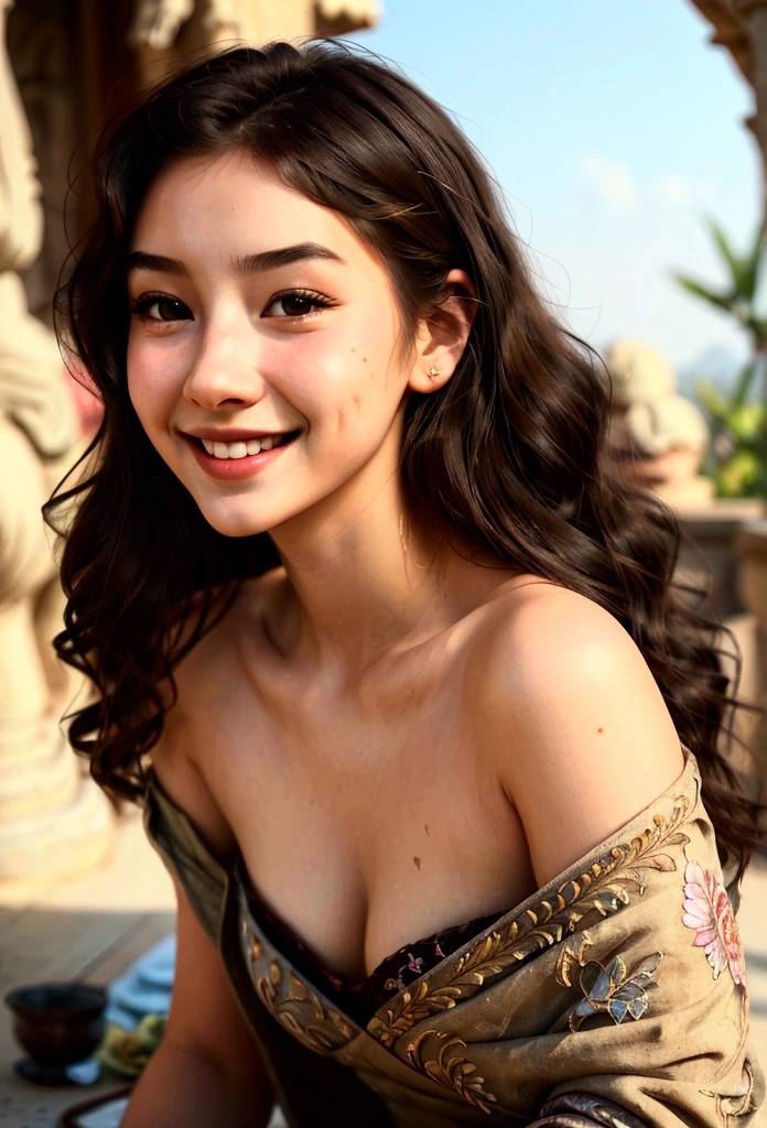 (Beautiful young woman_bright smile), one bear, highly detailed, realistic, masterpiece, highly detailed, illustration, 1 girl, high angle, messy long hair, highest quality, highly detailed CG Unity 8k wallpaper, ink , amazing, movie lighting, lens flare, Dunhuang style,