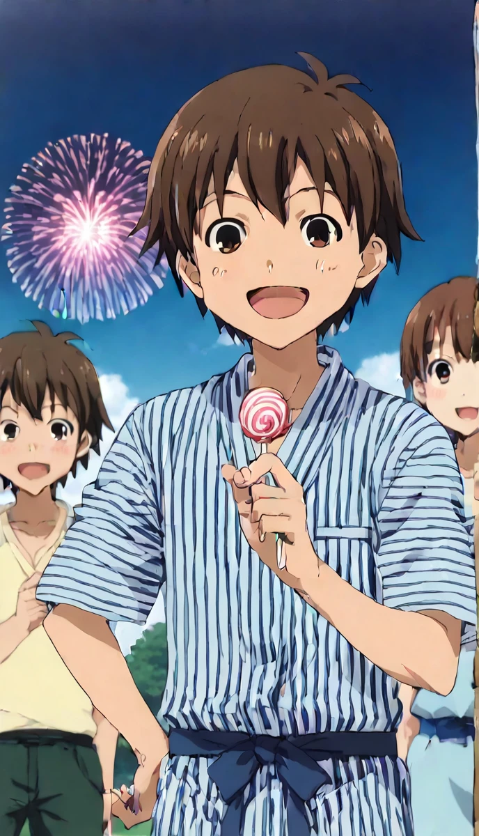 sauce_anime, 1peopleの男の子, Handa Shinichi, Brown Hair, Brown eyes, Pause, smile, Put your hands on your hips, View your viewers, anime, 一peopleの男の子, Handa Shinichi, Brown Hair, Brown eyes, night、stop temporarily,cotton candy (background, ・色とりどりの花火が夏祭り会場のnight空を彩る. ・Fireworks soar high into the sky、night空を彩る. ・The summer festival scene is depicted with a focus on boys.. ● Stalls and stalls are lined up, そしてpeople々seems to be enjoying. ), (people, A man wearing a yukata stands under fireworks. Late teens to early twenties, -A man has a huge piece of cotton candy in her hand. ), (Four fingers and thumb:1.3), (cotton candy, ・((The man is holding her face size over cotton candy:1.3), (massive size cotton candy:1.5)). ・cotton candyは真っ白でふわふわ, It smells sweet when you put it in your mouth. ), Open your mouth:1.25, (expression, ・The man is eating cotton candy with relish. The boy has a smile of satisfaction on his face.. ),Blue yukata