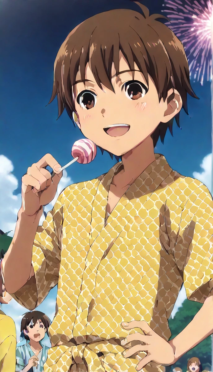 sauce_anime, 1peopleの男の子, Handa Shinichi, Brown Hair, Brown eyes, Pause, smile, Put your hands on your hips, View your viewers, anime, 一peopleの男の子, Handa Shinichi, Brown Hair, Brown eyes, night、stop temporarily,cotton candy (background, ・色とりどりの花火が夏祭り会場のnight空を彩る. ・Fireworks soar high into the sky、night空を彩る. ・The summer festival scene is depicted with a focus on boys.. ● Stalls and stalls are lined up, そしてpeople々seems to be enjoying. ), (people, A man wearing a yukata stands under fireworks. Late s to early twenties, -A man has a huge piece of cotton candy in her hand. ), (Four fingers and thumb:1.3), (cotton candy, ・((The man is holding her face size over cotton candy:1.3), (massive size cotton candy:1.5)). ・cotton candyは真っ白でふわふわ, It smells sweet when you put it in your mouth. ), Open your mouth:1.25, (expression, ・The man is eating cotton candy with relish. The boy has a smile of satisfaction on his face.. ),Blue yukata
