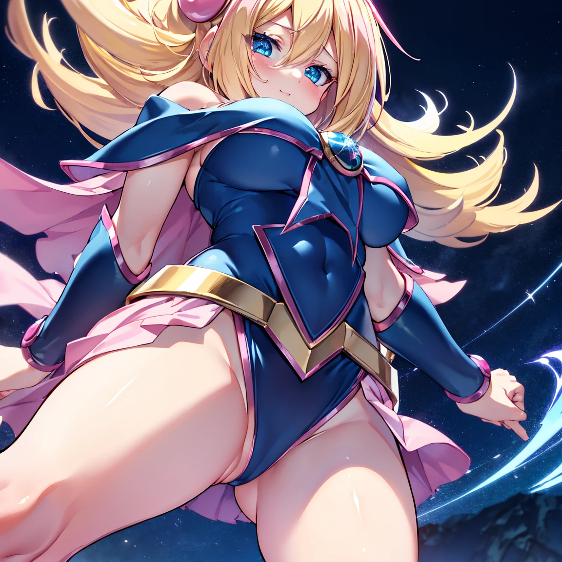 Black Magician Girl、super breasts、thick thighs、blonde hair、magic circle、8K,(from below:1.3) 4k, highest quality, High resolution: 1.2),winking、One breast exposed、cute anime face、Pink blush on cheeks、noise removal
