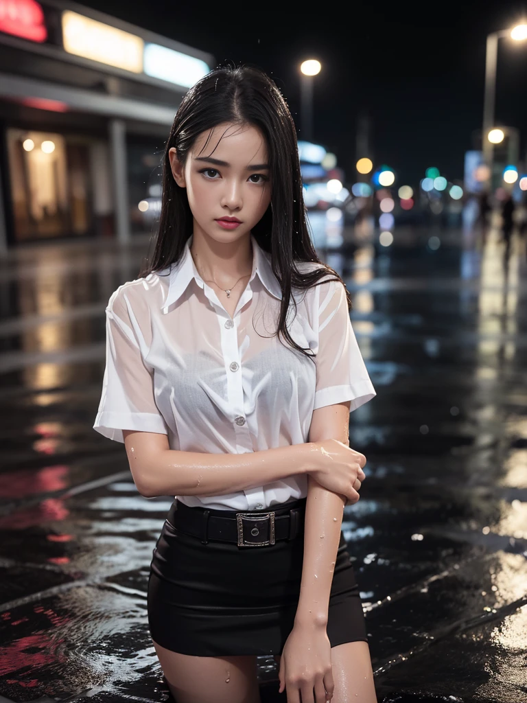 (RAW shooting, Photoreal:1.5, 8K, highest quality, masterpiece, ultra high resolution), perfect dynamic composition:1.2, Night street corner of a modern city, expression of sadness:0.5, heavy rain:1.3, Highly detailed skin and facial textures:1.2, one Slim lady wet in the rain:1.3, Fair skin:1.2, perfect style:1.2, beautiful and aesthetic:1.1, very beautiful face:1.2, water droplets on the skin and face:1.3, (rain drips all over my body:1.2, wet body:1.2, wet hair:1.3, Wet black tight skirt:1.2, wet white plain short-sleeve shirt:1.3), brown suede belt:1.2, black bra under white shirt:1.4, white sneakers, (cry, lovelorn, The expression on your face when you feel intense caress, Facial expression when feeling pleasure), (beautiful blue eyes, Eyes that feel beautiful eros:0.8), (Too erotic:0.9, Bewitching:0.9), upper body, close up, rain, metal shirt buttons:1.2, metal plate belt buckle:1.3, at night:1.2, thai university uniform, at night:1.3, standing, rain foreground and background:1.2