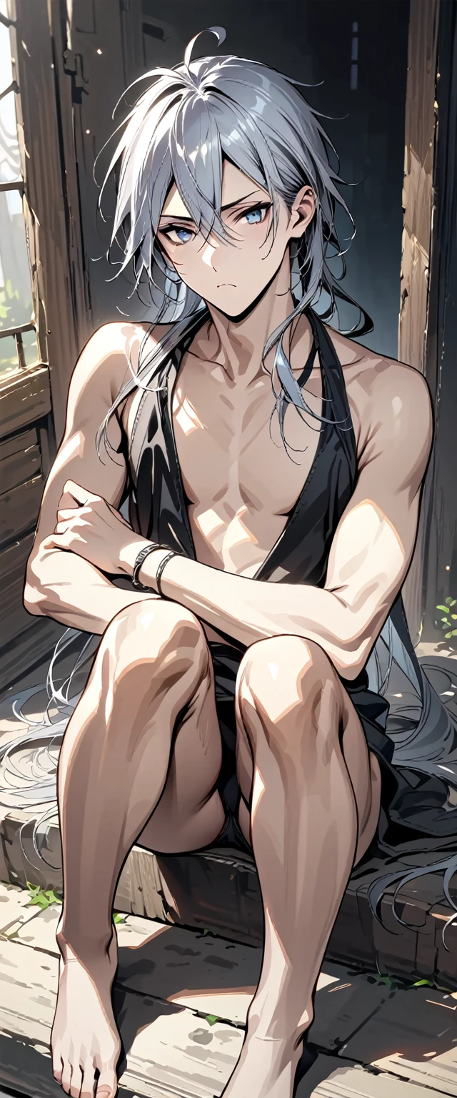 absurdres, highres, ultra detailed, super fine illustration, best quality, 1boy, perfect anatomy, male focus, solo, (dark-skinned:0.8) male, silver hair, long hair, black bikini, bare shoulders, bare arms, bare legs, <lora:_L2090:-0.6> <lora:flat:-0.2>