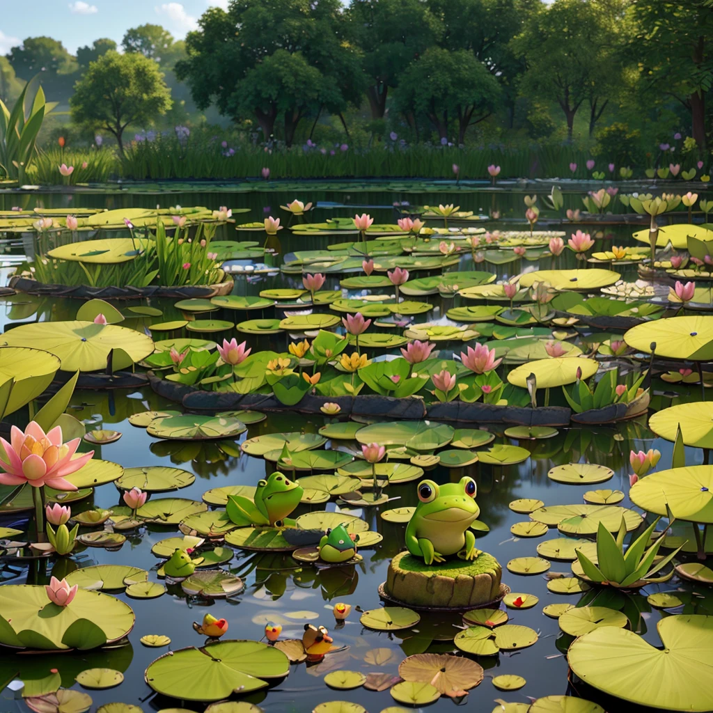 create a little cute frog in a pond with water lilies. The frog sits on a lily pad and looks happy. in the background, am Rand des Sees, a small mouse can be seen, who looks curiously into the water. A delicate dragonfly hovers above the frog. The pond is surrounded by green plants and reeds, and the atmosphere is peaceful and idyllic.