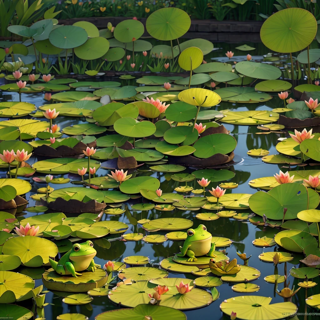create a little cute frog in a pond with water lilies. The frog sits on a lily pad and looks happy. in the background, am Rand des Sees, a small mouse can be seen, who looks curiously into the water. A delicate dragonfly hovers above the frog. The pond is surrounded by green plants and reeds, and the atmosphere is peaceful and idyllic.