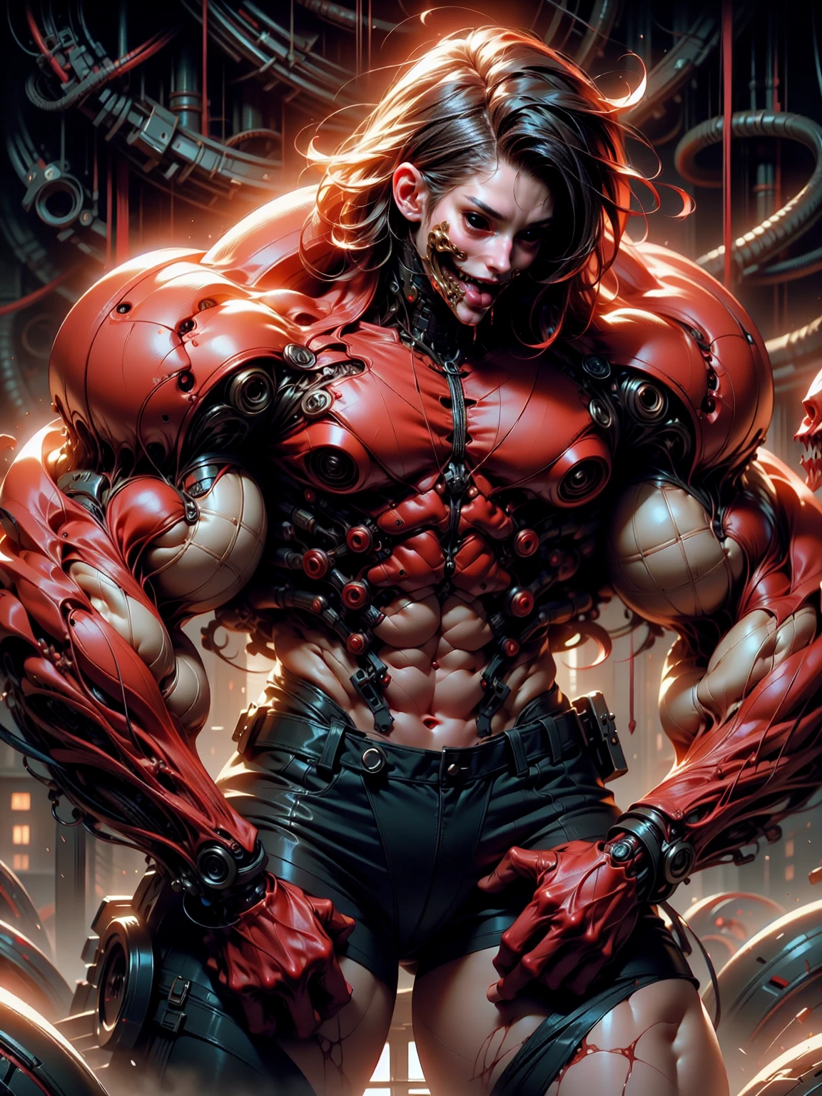 (1 girl), (megan fox), young girl, carnage muscular physique, seductive face, mouth wide open carnage style, long red hair, perfect muscular body, super skinny legs, cybernetic muscle suit, sissy, femboy, (carnage style physique),Fixhand, E-Girls_Mansion_Yang, kkw-colorc-neg, kkw-ph1