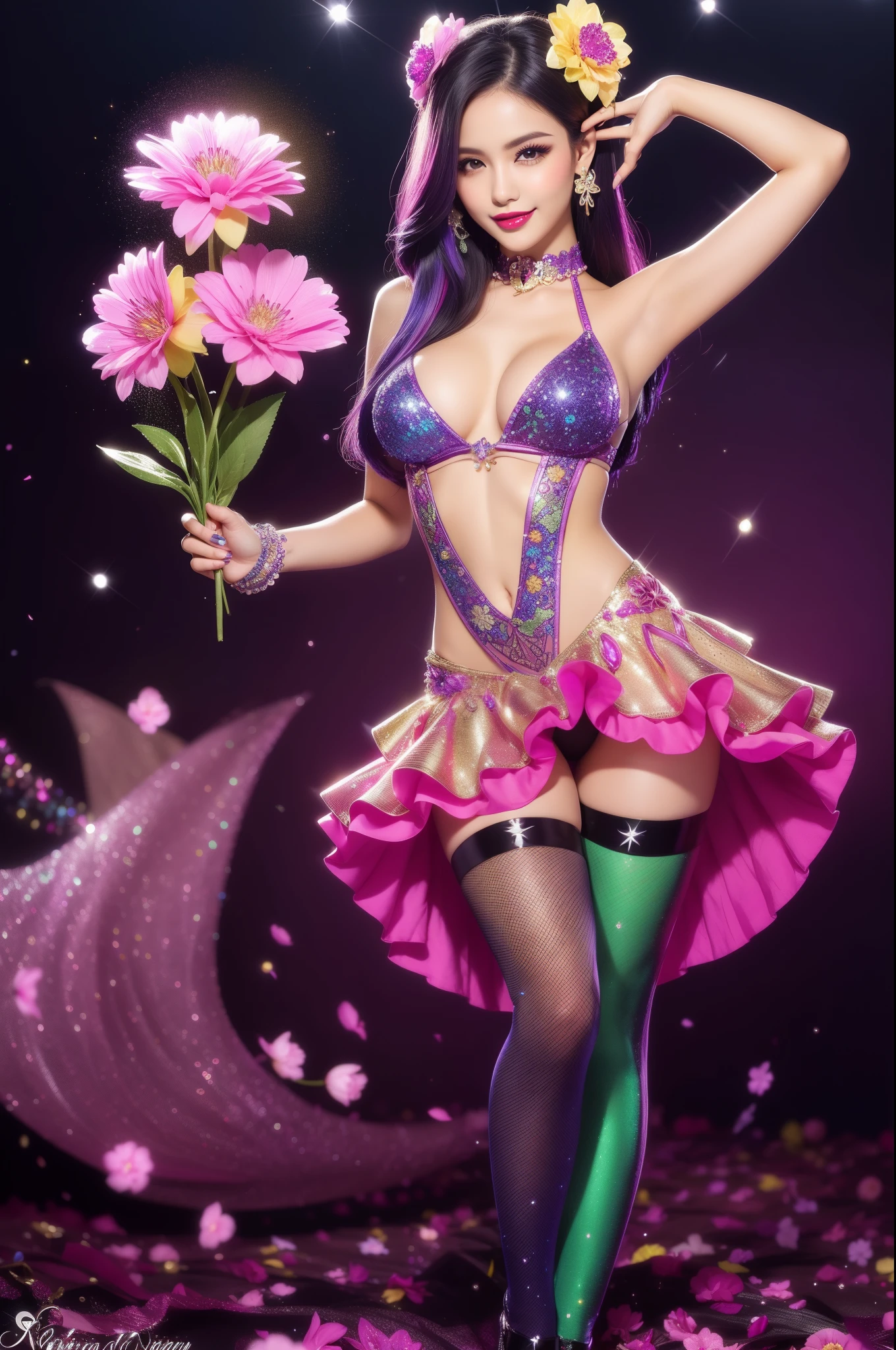 sexy Brazilian model who controls poison、beautiful smile、lipgloss、bold lipstick、intense makeup、look at the camera、full body Esbian、、sparkling poisoned flower costume、、、、sparkling Colorful hair、secrete poison、skull hair accessories、sexy tights、shiny sparkling flowers background