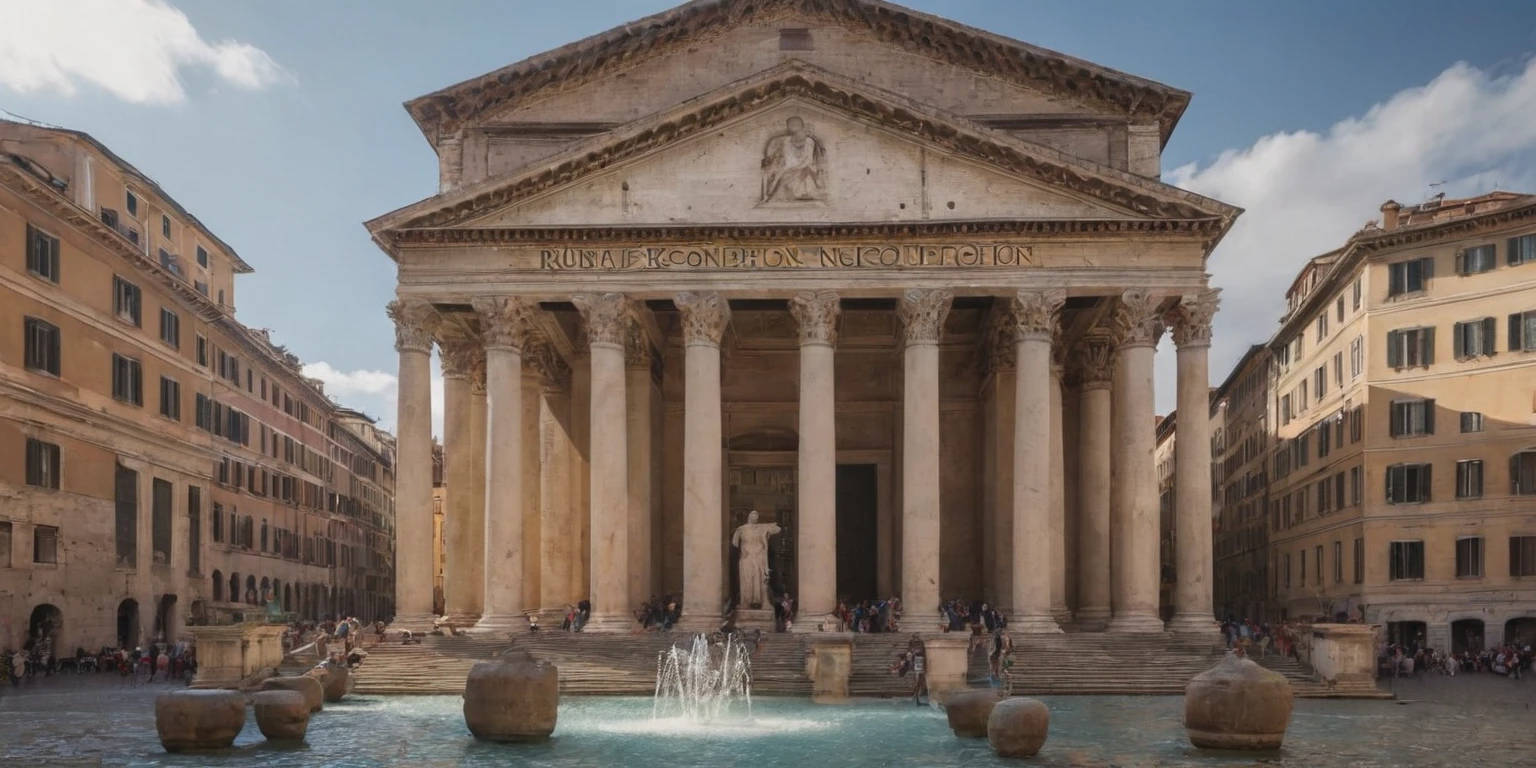 people are standing in front of a building with a fountain, pantheon, roman architecture, rome, on a great neoclassical square, in a city with a rich history, surrealistic roman architecture, roman monuments, old roman style, by Pogus Caesar, roma, ancient roman style, eternal city, many columns, neoclassical architecture, roman columns
