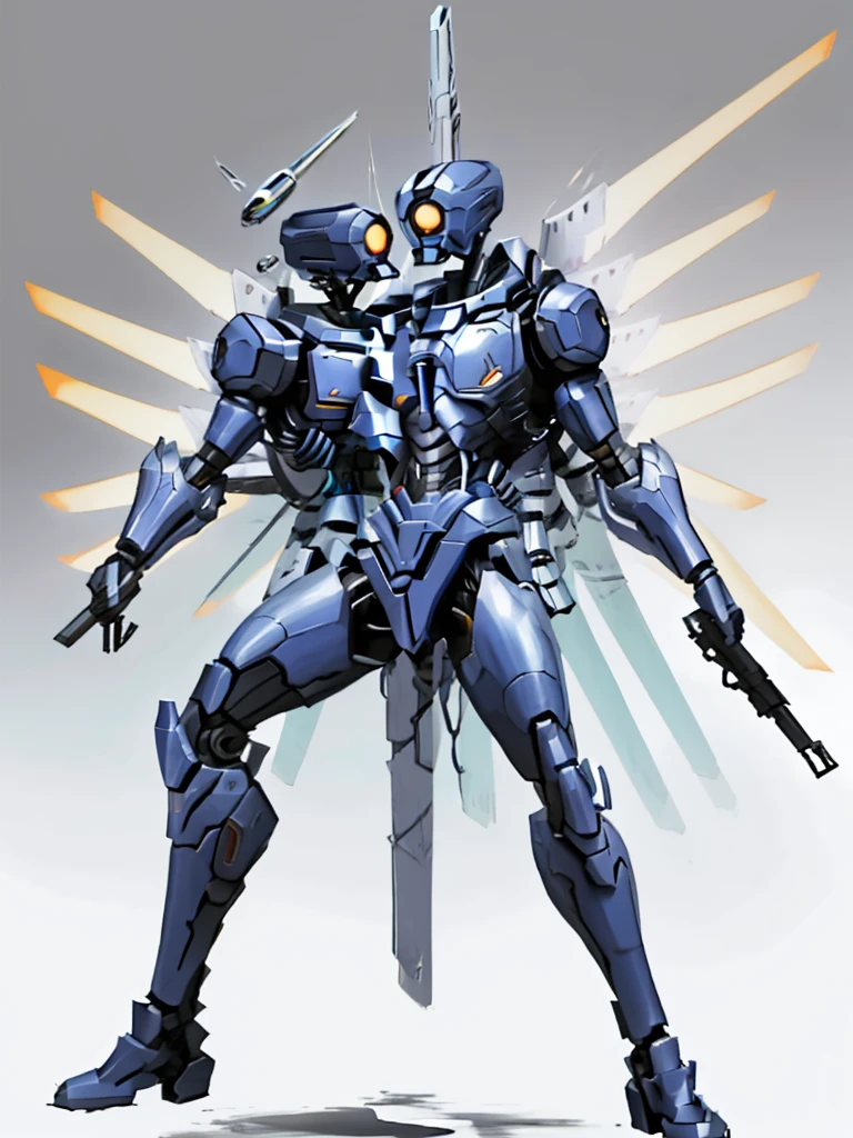 V1, blue robot, detailed, sliding, holding revolver, coin in air, white room, roman room, solo, slim, aggressive, slim body