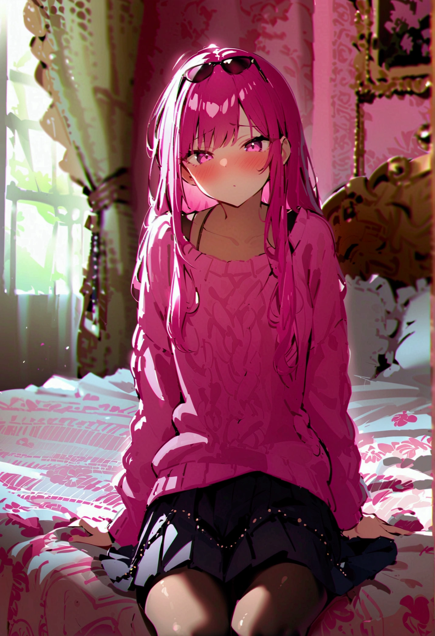 pink hair black glasses pink eyes extremely blushing a large pink sweater short black skirt at the waist chains black stockings that she is a reserved girl her bed that she is on her knees touching her butt