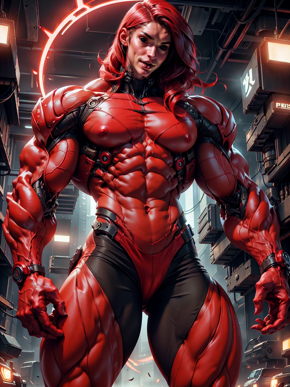 (1 girl), (megan fox), young girl, carnage muscular physique, seductive face, mouth wide open carnage style, long red hair, perfect muscular body, super skinny legs, cybernetic muscle suit, sissy, femboy, (carnage style physique),Fixhand, E-Girls_Mansion_Yang, kkw-colorc-neg, kkw-ph1