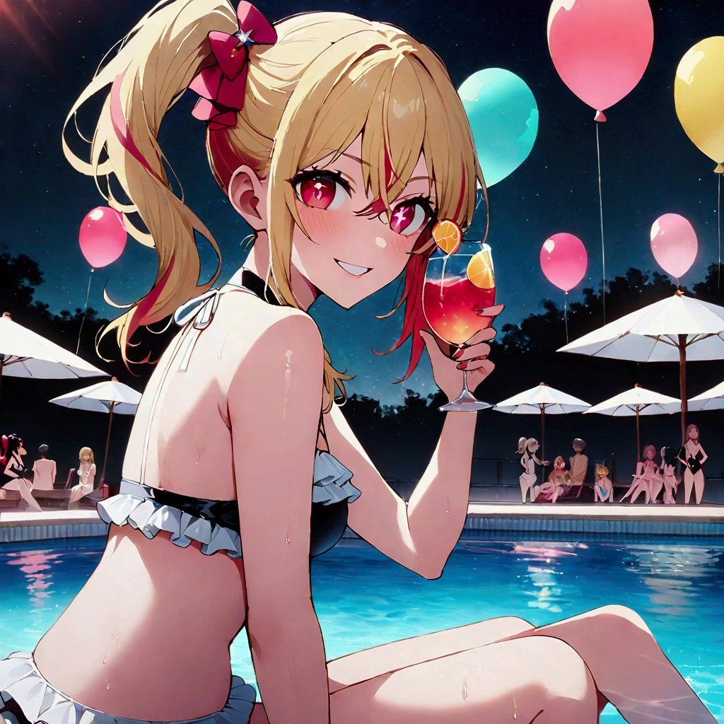 night pool, luxurious pool party venue with a large crowd, large circular swimming pool, hoshinoruby, star-shaped pupils, ruby_hoshino, idol, blonde hair, bangs, pink eyes, long hair, looking at viewer, red eyes, streaked hair, hair between eyes, left side ponytail, medium breasts, finely detailed skin, grin, frilled bikini, from side, (best quality, masterpiece, high quality, extremely detailed CG unity 8k wallpaper, intricate details), light particles, only a few beach balls in pool, caustics, (legs together:1.3, sitting poolside), glass of cocktail, people in gorgeous swimsuits on the other side of the pool, many glowing balloons,