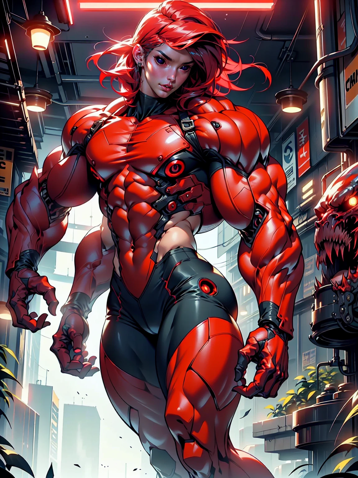 (1 girl), (megan fox), young girl, carnage muscular physique, seductive face, mouth wide open carnage style, long red hair, perfect muscular body, super skinny legs, cybernetic muscle suit, sissy, femboy, (carnage style physique),Fixhand, E-Girls_Mansion_Yang, kkw-colorc-neg, kkw-ph1