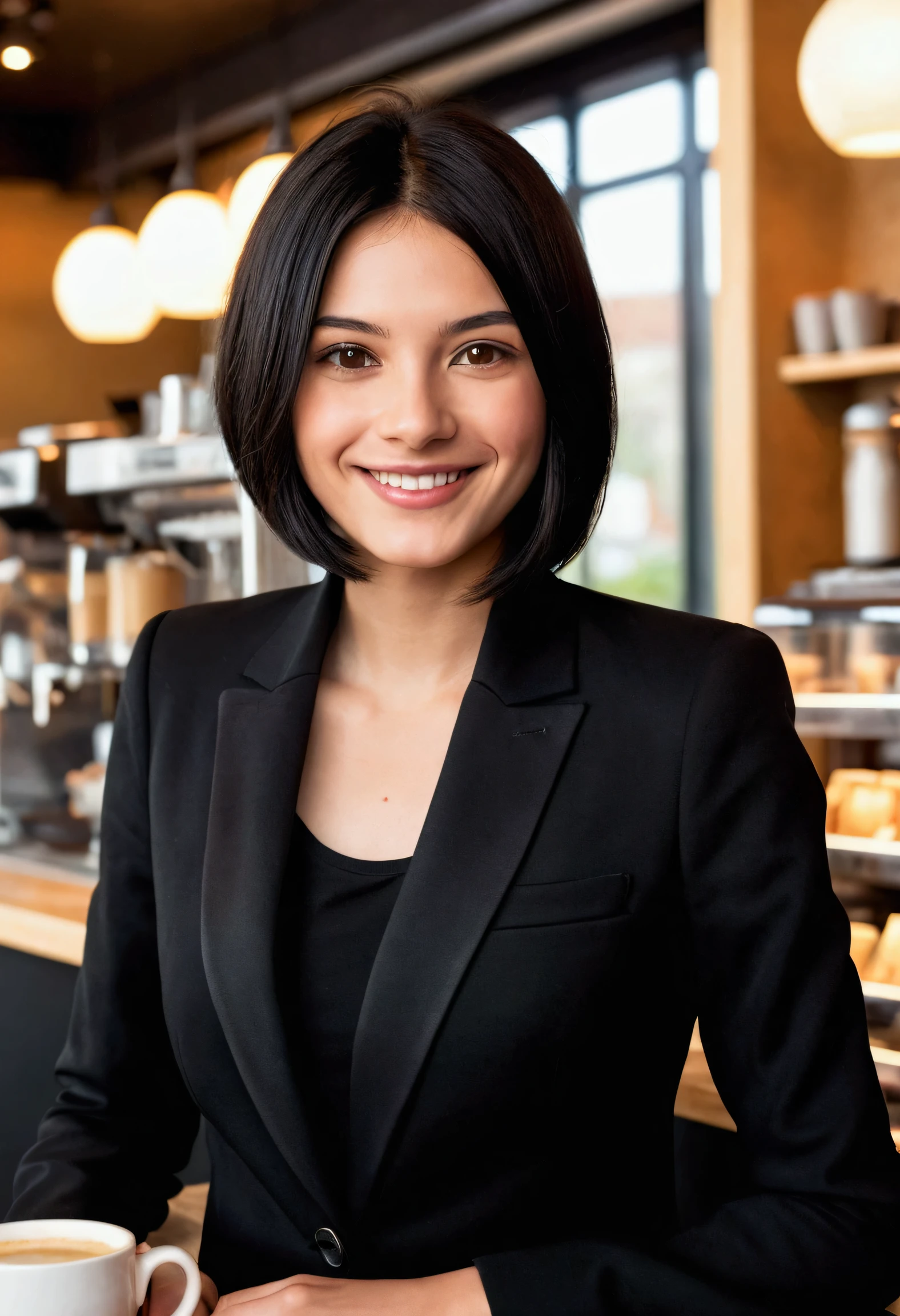 create a profile photo of a young woman smiling with brown eyes in a black suit with black bob hair, in a coffee shop landscape