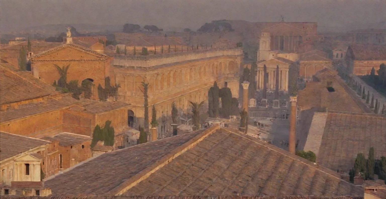 arafed view of a city with a lot of buildings and a clock tower, roman city, rome, ancient rome, rome in background, eternal city, roma, roman monuments, ancient roman setting, rome backdrop, roman historic works, market in ancient rome, old roman style, colosseo, city ruins in the background, ancient roman style, view from slightly above