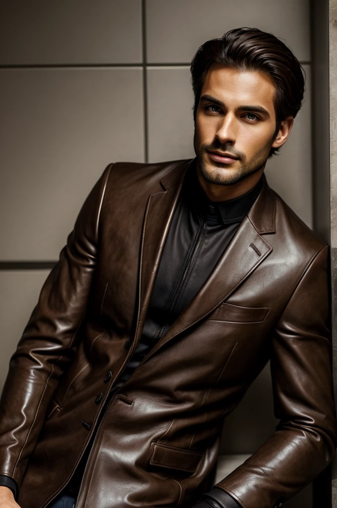 A man of about 26 years old , sexy and handsome, with appealing lips, very light brown eyes, unique, dark hair with a leather suit