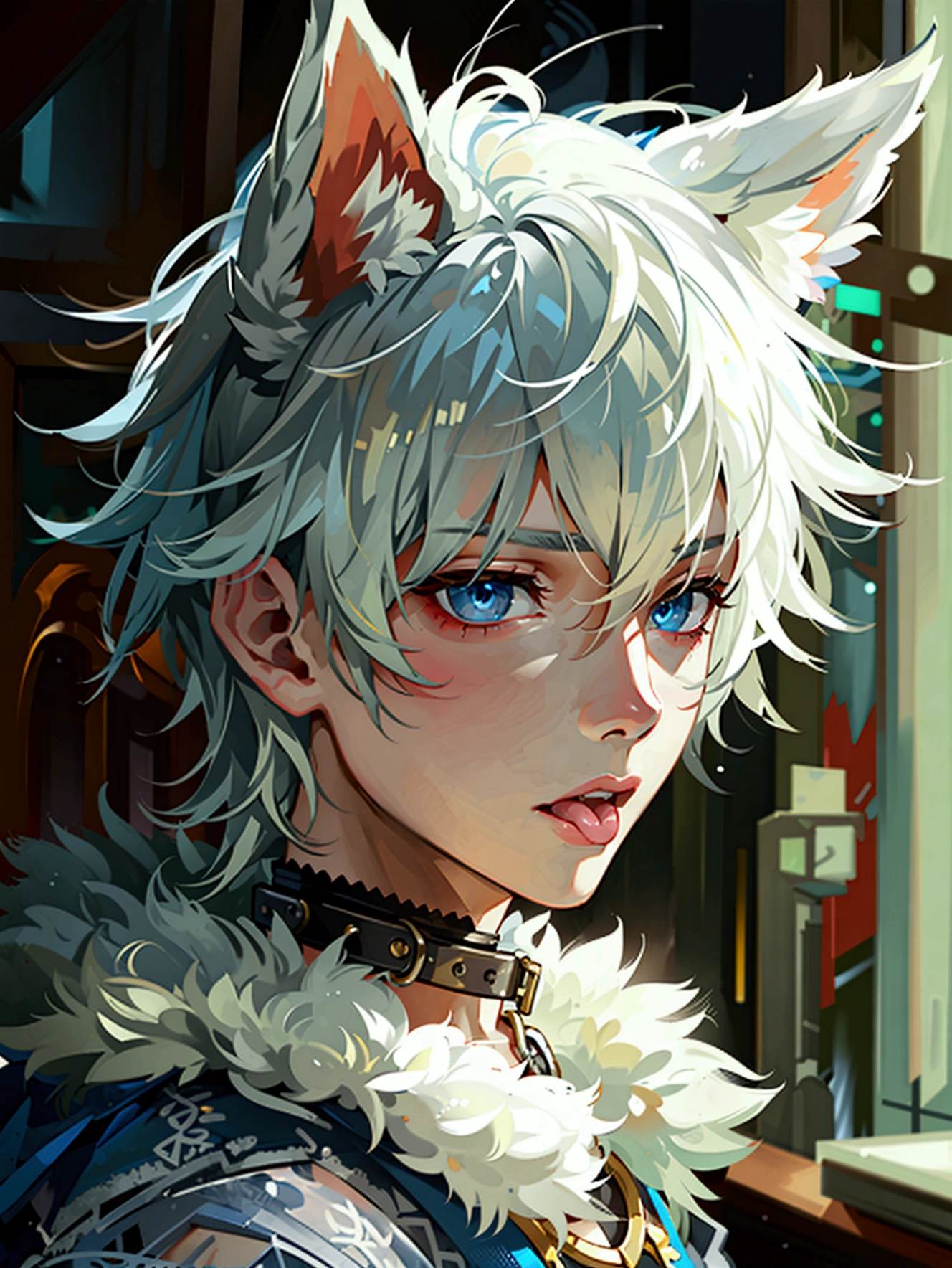 young male teenager, white hair, blue eyes, crossdress, wearing a dog collar, dog ears, sticking tongue out, embarassed, prince dress