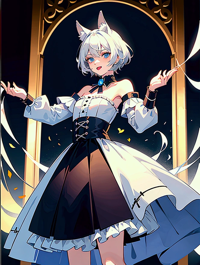 young male teenager, white hair, blue eyes, crossdress, wearing a dog collar, dog ears, sticking tongue out, embarassed, prince dress