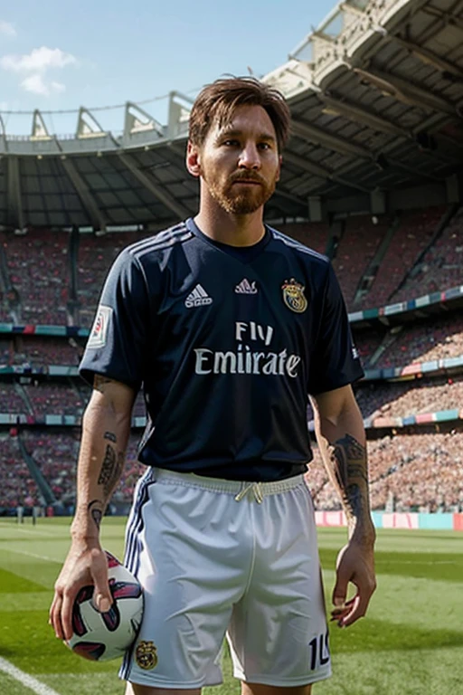 Prompt:
"Create a highly detailed and realistic image of Lionel Messi wearing a Real Madrid jersey. Ensure the following elements are included:**
Jersey Specifics:
The jersey should be the current Real Madrid home kit.
Include the official Real Madrid logo and the Adidas logo.
The jersey number should be 10 with 'Messi' written above it.
Lionel Messi:
Messi should be easily recognizable with accurate facial features, hairstyle, and tattoos.
His expression should be neutral or slightly focused, as if preparing for a match.
Background:
Place Messi in a football stadium setting, preferably Santiago Bernabéu, with the stadium seats, field, and goalposts visible.
Include a subtle crowd in the background to give a sense of realism without distracting from Messi.
Lighting and Shadows:
Use realistic lighting that matches the stadium environment, ensuring proper shadows and highlights on Messi and his jersey.
The image should have a dynamic range of colors to enhance the realism.
Action:
Messi can be in a natural football pose, such as dribbling, standing with a ball, or preparing to take a free kick.
Overall Style:
The image should be in a realistic and photorealistic style, avoiding cartoonish or overly stylized elements.
Additional Details:
Ensure the image resolution is high, suitable for both digital and print formats.
Maintain an aspect ratio of 16:9."
This prompt will guide the AI to generate an image that meets the specified requirements with a high level of detail and realism.