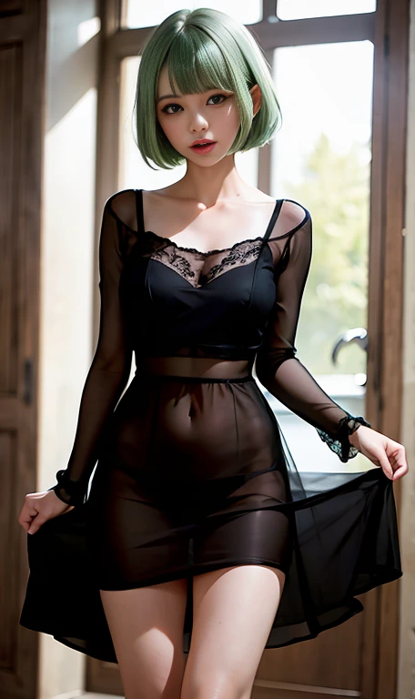 Girl with short green hair, Medium chest, Green eyes, wearing black casual clothes、Beautie、Mature、(tits out)see through dress, a sexy woman, upskirt tiny pantie