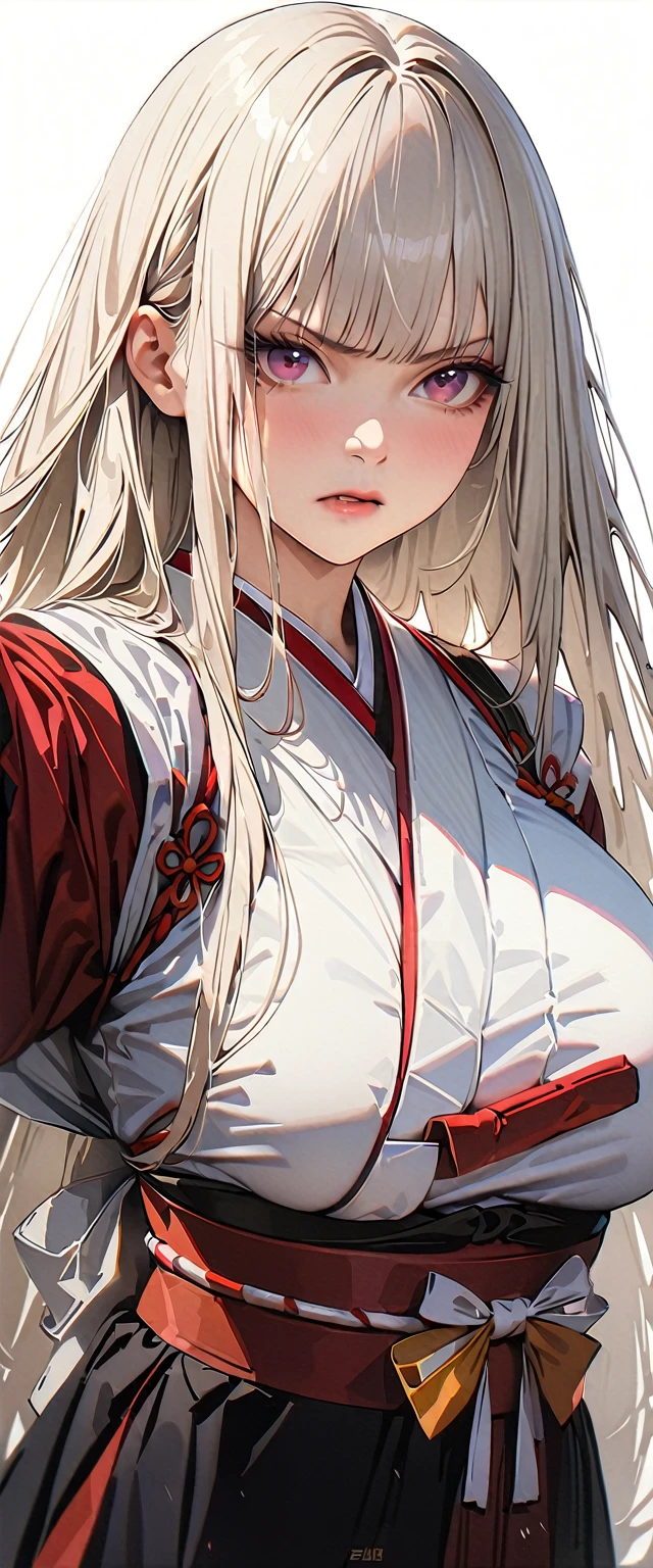 20 years old,1 mature woman,hyperrealistic, 8k, (extremely detailed 8k), (very delicate and beautiful), (masterpiece), (better quality:1.0), (ultra high resolution:1.0), (masterpiece, best quality),cute,white hair,cowboy shot,white background,realistic skin,Combat Readiness,big breasts,angry,hime cut,black nail,extra long hair,japanese shrine miko
