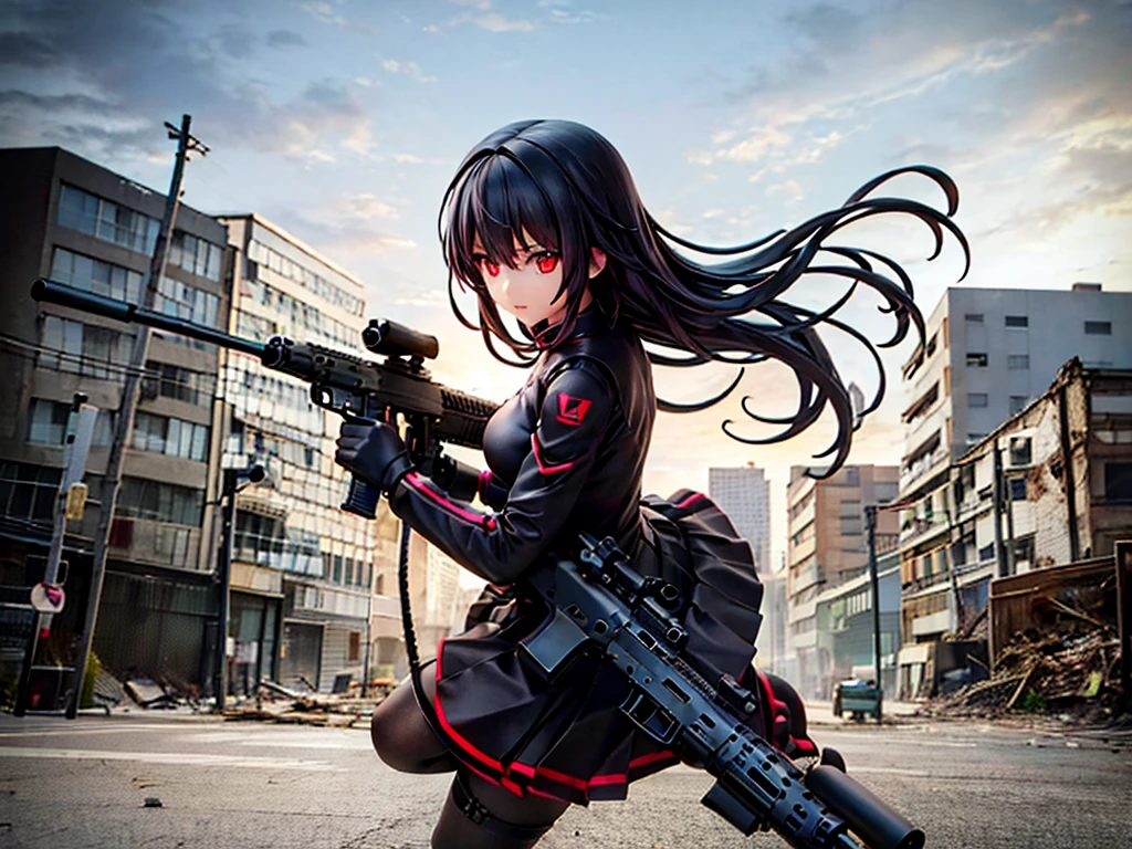 posable articulated figure of anime girl wearing heavy tactical black suit, red eyes and straight black hair, with an assault rifle in his hands in a pose ready to attack, with a destroyed city in the background