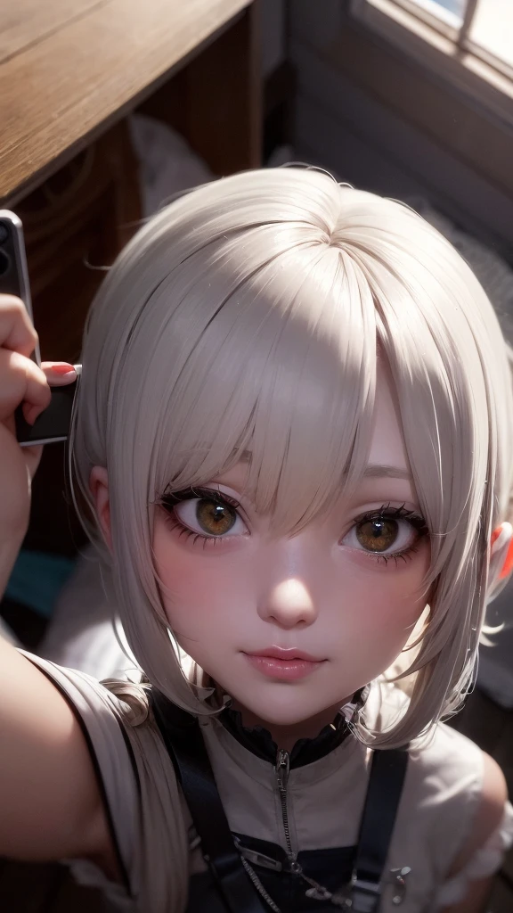 masterpiece, concept art, inside out, close up shot, like selfies, head to toe((must)), aschgray haired early 20's Russian girl, cyberpank fashion, wearing cyber punk fashion, Lying on his back The top roof of a cottage, Ilya Kuvshinov's style