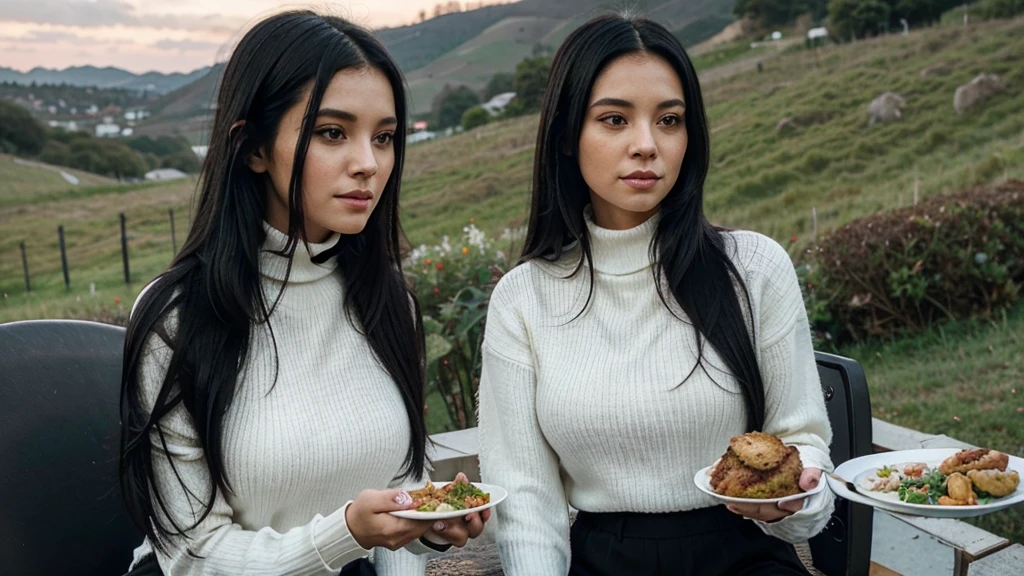 (photorealism:1.2), two 3 curvy asian women, long black hair, wearing black polka dot dresses, wearing black sandals, sitting on folding chairs, folding table full of food, desert background, sitting camel, date palm, night time, campfire