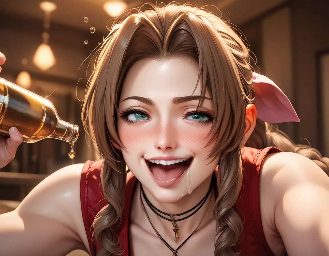 (realistic1.3),(best quality), (very aesthetic), (ultra-detailed), (best illustration),A naked Aerith climaxing in cowgirl position,(head tilt),(Ahegao 2),(Rolling your eyes 3),(sad smile),Wide eyes open,(Tears 2),tongue out,steam,spoken heart,steam,trembling,in heat,((Face)),((drunken eyes)),((Great climax)),Very erect nipples,Peeing,Exposed and highly erect clitoris,crazy eyes,from above