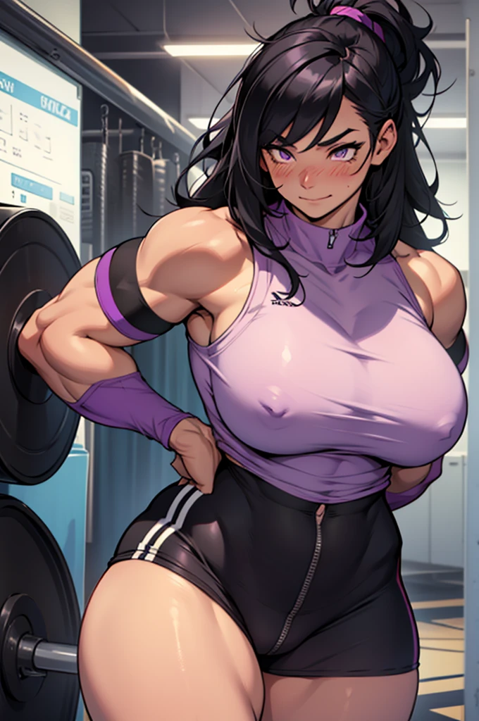 1 girl, (((musclegirl))), Bblack hair, shorth hair, purples eyes, blushed face, happy, sexly, Giant tits, thick-thighs, big-ass, Sport cloth, toned body