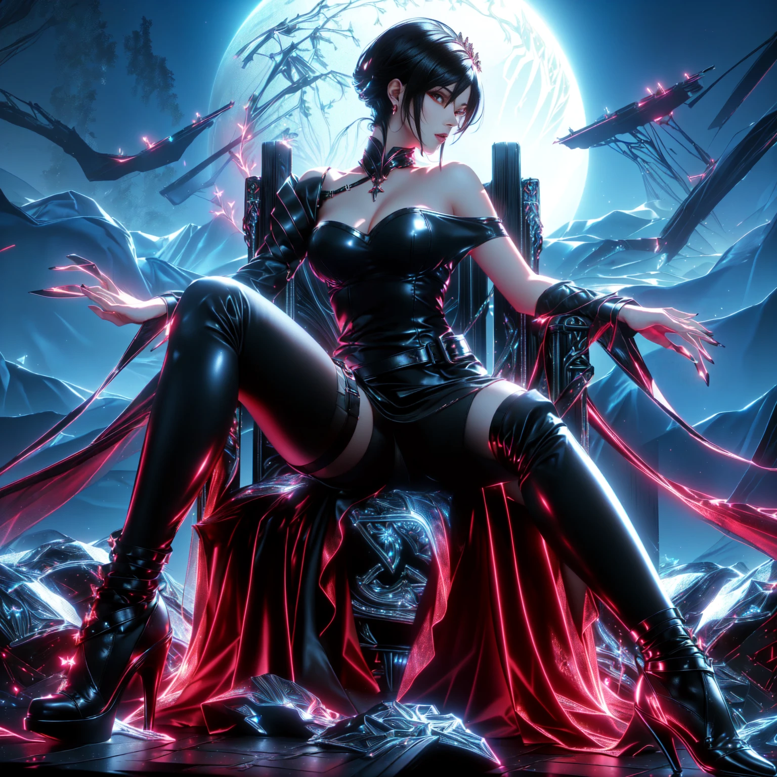 Woman with black hair, tight black leather outfit, sexy , Fine Red Sword , ,,realistically , Sitting on a beautiful throne , Stockings and thighs visible , Wear high-heeled shoes