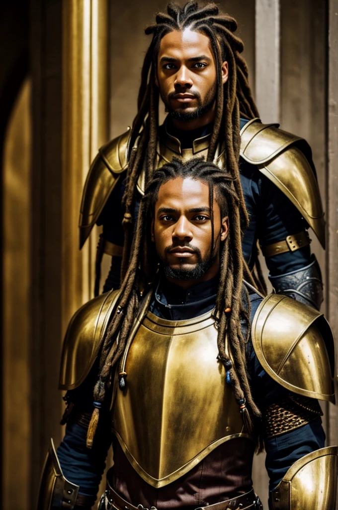 Man with dreadlocks in armor. Golden eyes