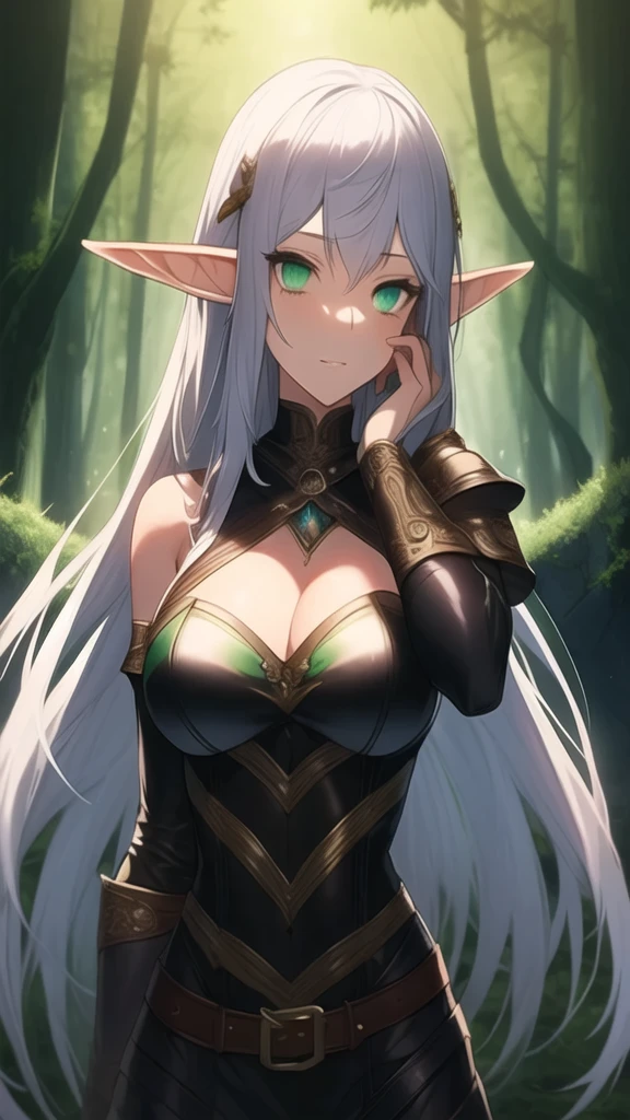 ((best quality)), ((masterpiece)), (detailed), perfect face, a sultry elf woman, in leather armour, her long silver hair cascading down her she holds a glowing artefact in her hand, (Long shot), Fantasy, Night time, ruins in a forest background, creepy atmosphere, sensitive
Green eyes
