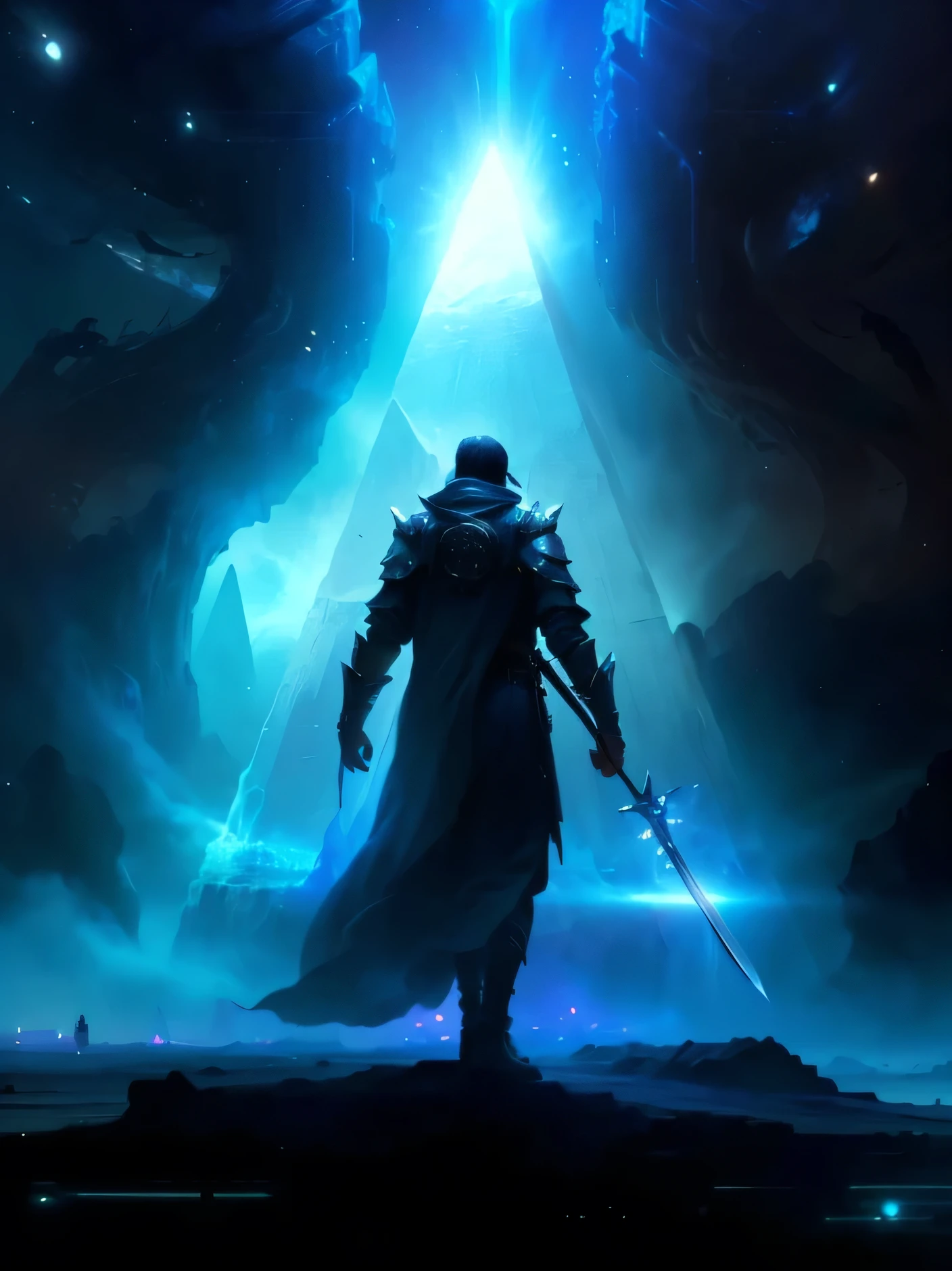 a man standing in front of a pyramid with a sword in his hand, sci-fi high fantasy, epic scifi fantasy art, numenera, epic fantasy sci fi illustration, fantasy sci - fi, fantasy scifi, sci-fi fantasy art, jessica rossier fantasy art, cover game art, fantasy science fiction, dark fantasy sci fi, epic fantasy novel cover art