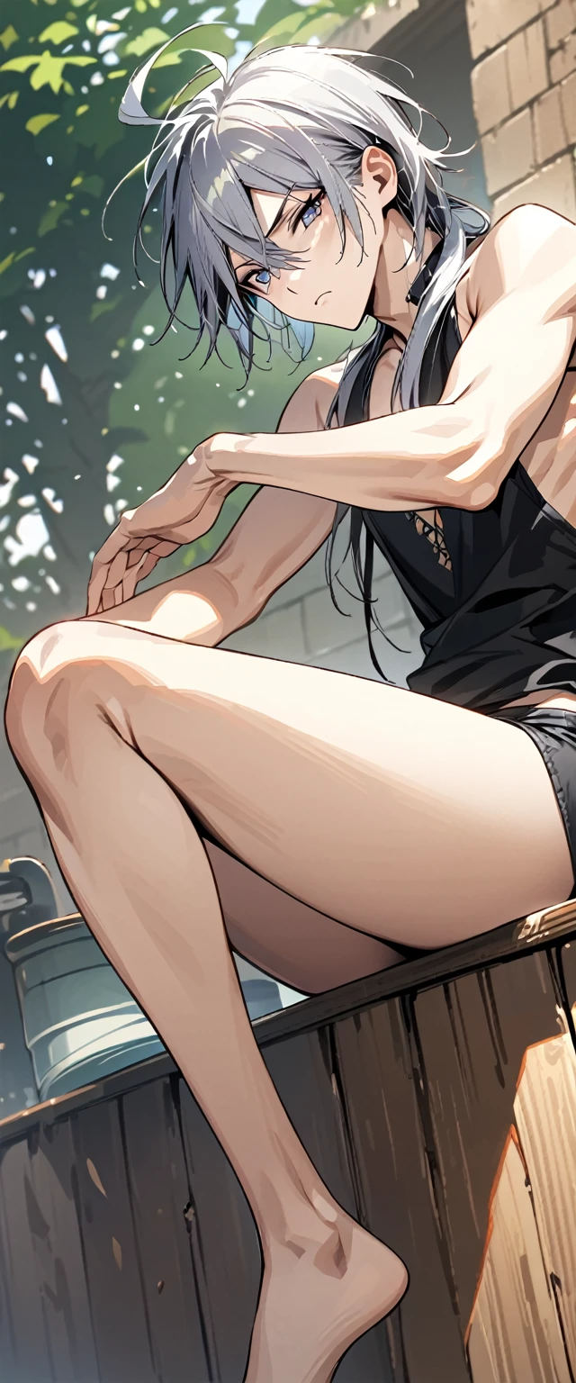 absurdres, highres, ultra detailed, super fine illustration, best quality, 1boy, perfect anatomy, male focus, solo, (dark-skinned:0.8) male, silver hair, long hair, black bikini, bare shoulders, bare arms, bare legs, &lt;lora:_L2090:-0.6&gt; &lt;lora:flat:-0.2&gt;