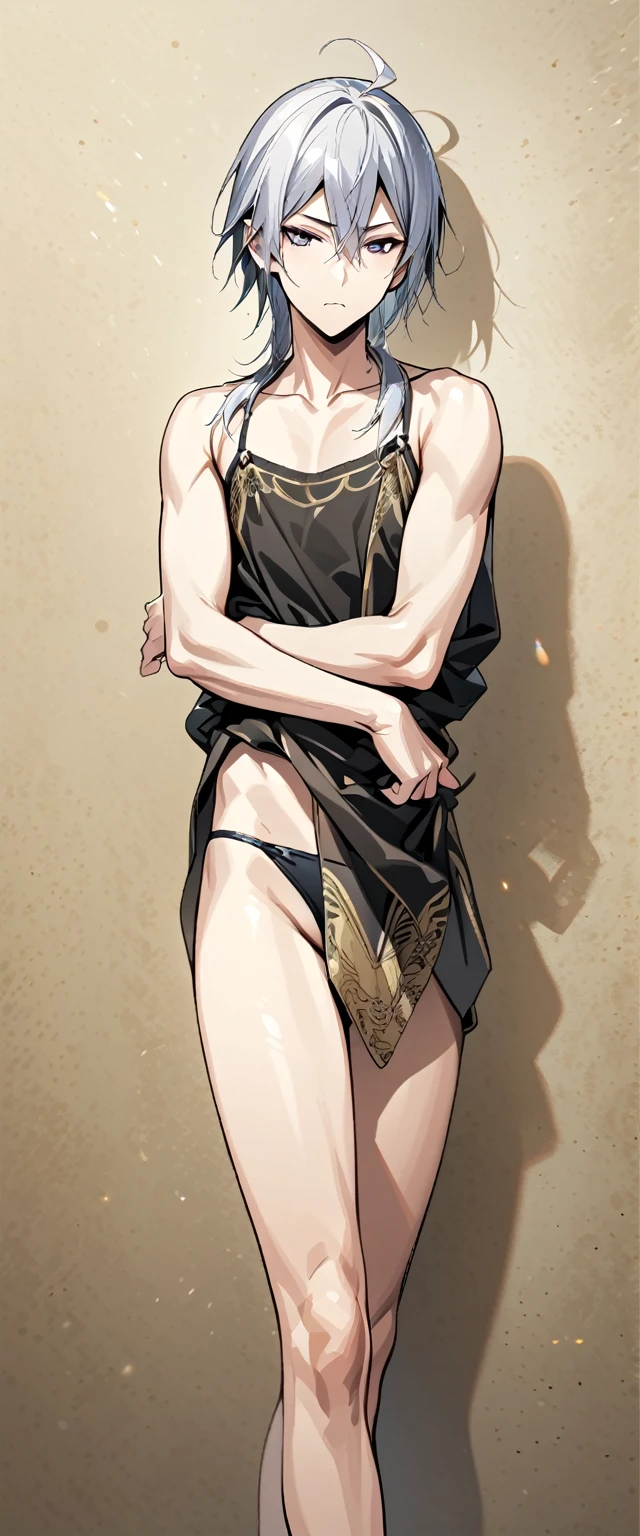 absurdres, highres, ultra detailed, super fine illustration, best quality, 1boy, perfect anatomy, male focus, solo, (dark-skinned:0.8) male, silver hair, long hair, black bikini, bare shoulders, bare arms, bare legs, &lt;lora:_L2090:-0.6&gt; &lt;lora:flat:-0.2&gt;