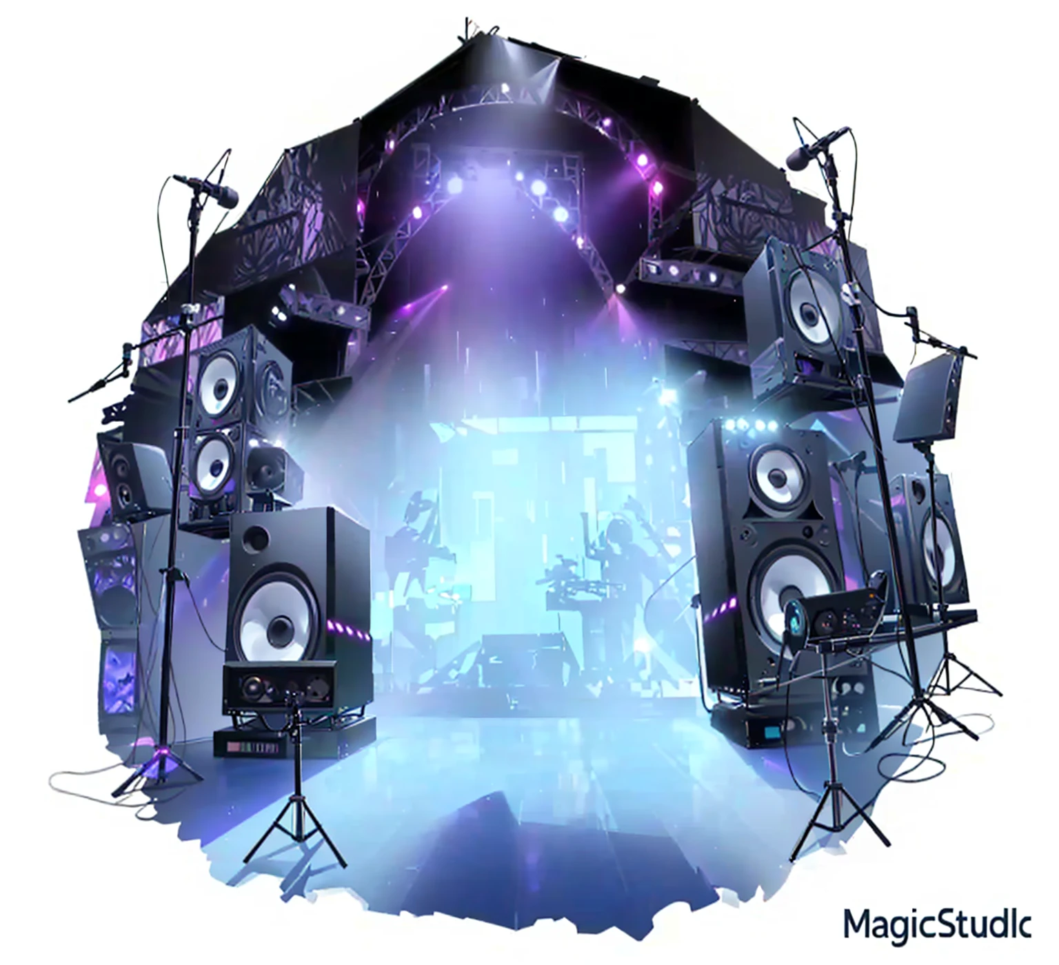 There are many speakers and microphones arranged in a circle,There is another lamp, elaborate stage effects, stage background, music show, Nightclub Background, stage at a club, dance music show, Magic music, dj rave , stage, dj set, dj, Virtual Scene, on rock concert stage, Technology , Airbrush Fantasy 80s, Wonderful technology , Carnival Background
