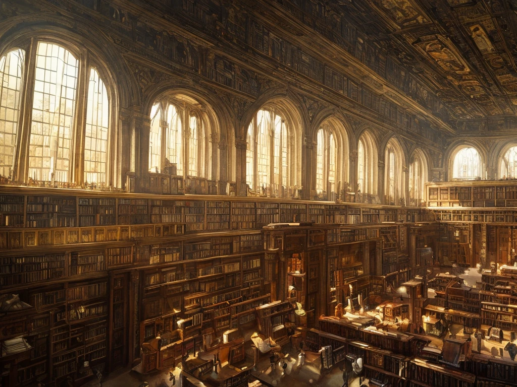 A huge imperial library with intircate higb windows and many bookshelves, soft sunlight, dark academia atmosphere, Johan Grenier style, Alyssa Monks style