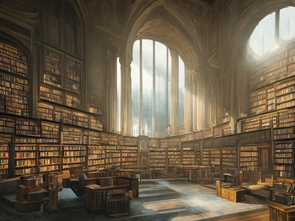 A huge imperial library with intircate higb windows and many bookshelves, soft sunlight, dark academia atmosphere, Johan Grenier style, Alyssa Monks style