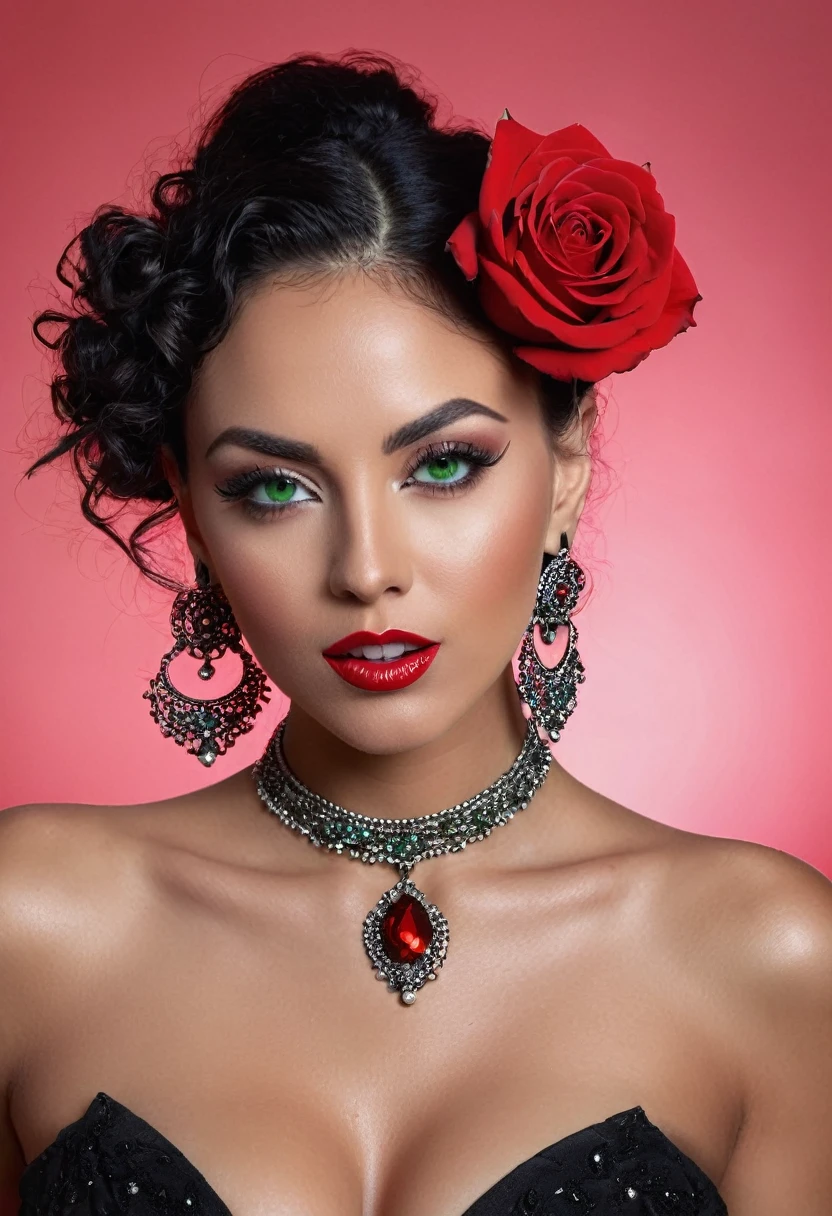 a woman with light green eyes, flawless skin, ((full body photo from the knee up)), full red mouth, curly black hair tied behind her head, holding a red rose close to her face, earrings and necklace in red stones, Extravagant photography style, in studio captured with a Nikon D7000 camera using 35mm lens, f11 speed 125sec, cinematic and dramatic back lighting, ultra sharp, background defocused colored lights, breathtaking surreal masterpiece. 8k. HDR.